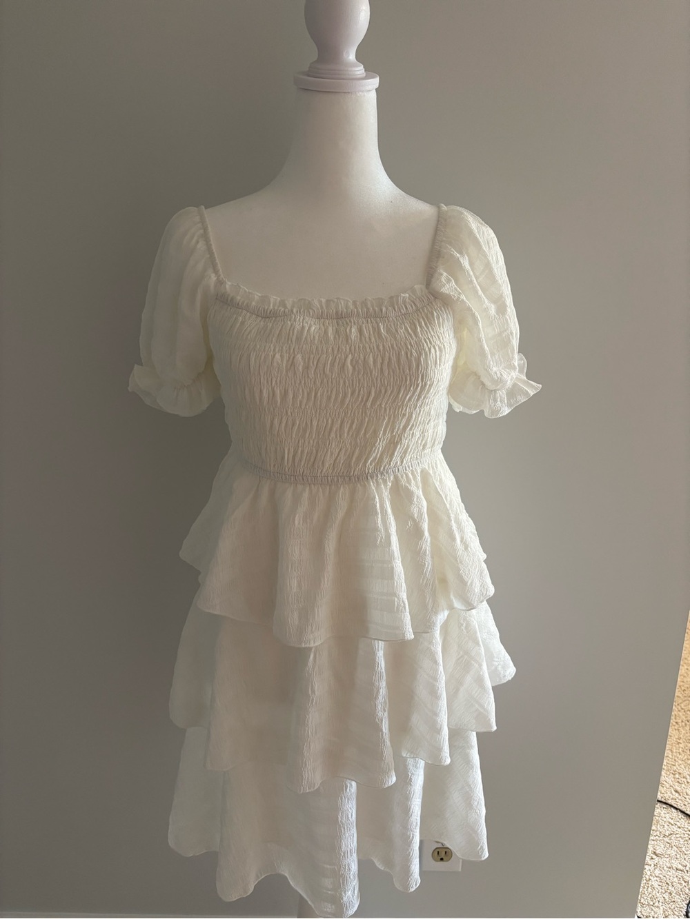 Smocked Tiered Midi Dress in Cream